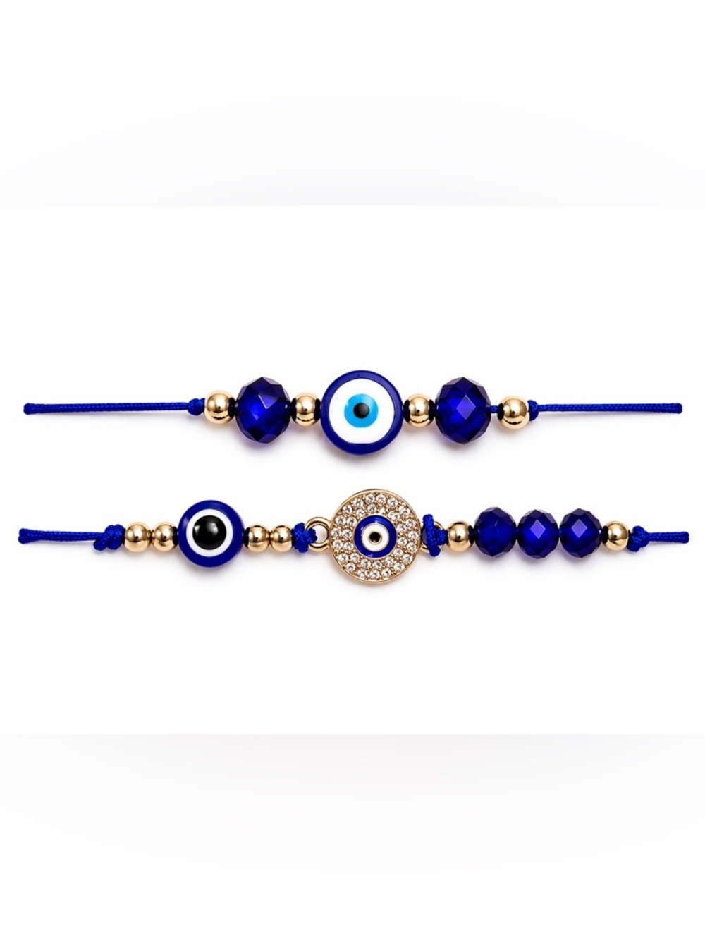 Cobalt Blue Evil Eye Adjustable Cord Bracelets Set Gold Tone Crystal Charm 2pcs - Picture 3 of 3
